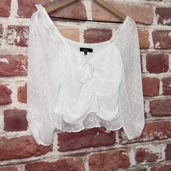 Lulus Crop Top Women's Extra Small White Swiss Dot Chic Ruffle Casual Shirt - Picture 2 of 8